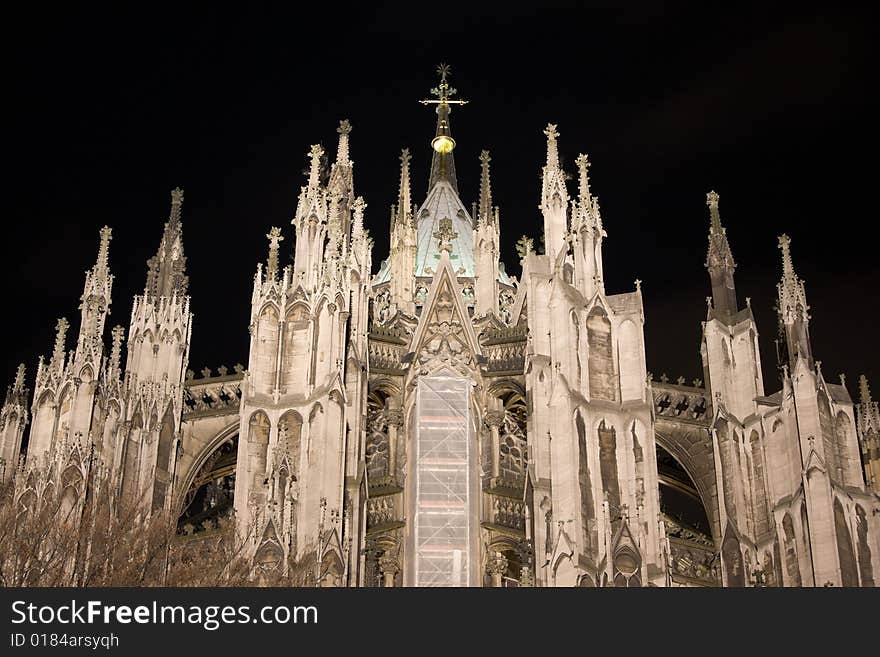 Towers of Dom in Cologne at night lighting.