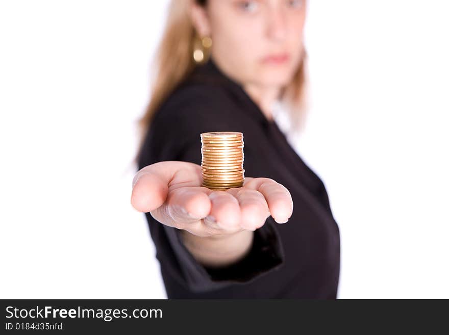 Beautiful woman holding coins on the white background