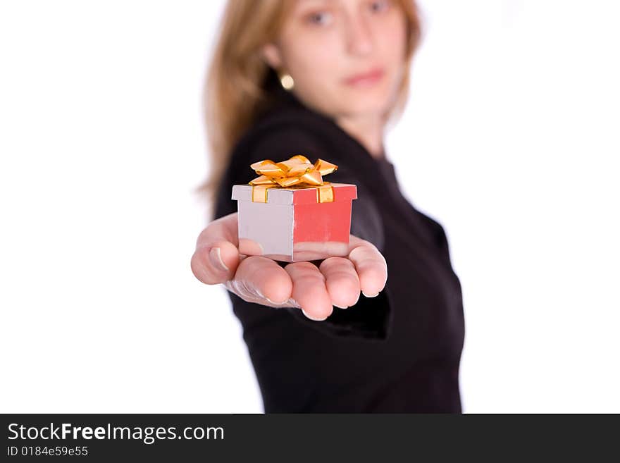 Woman holding small gift bo. Woman holding small gift bo