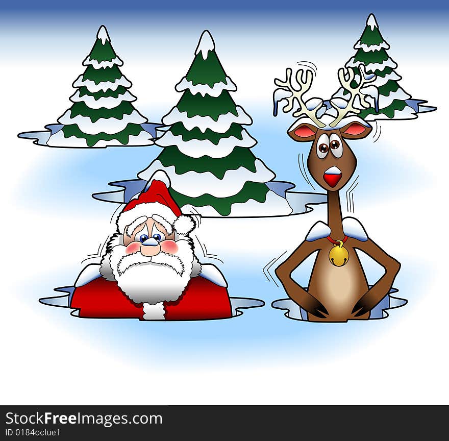 Cartoon graphic depicting Santa Claus and a reindeer stuck in the snow. Cartoon graphic depicting Santa Claus and a reindeer stuck in the snow