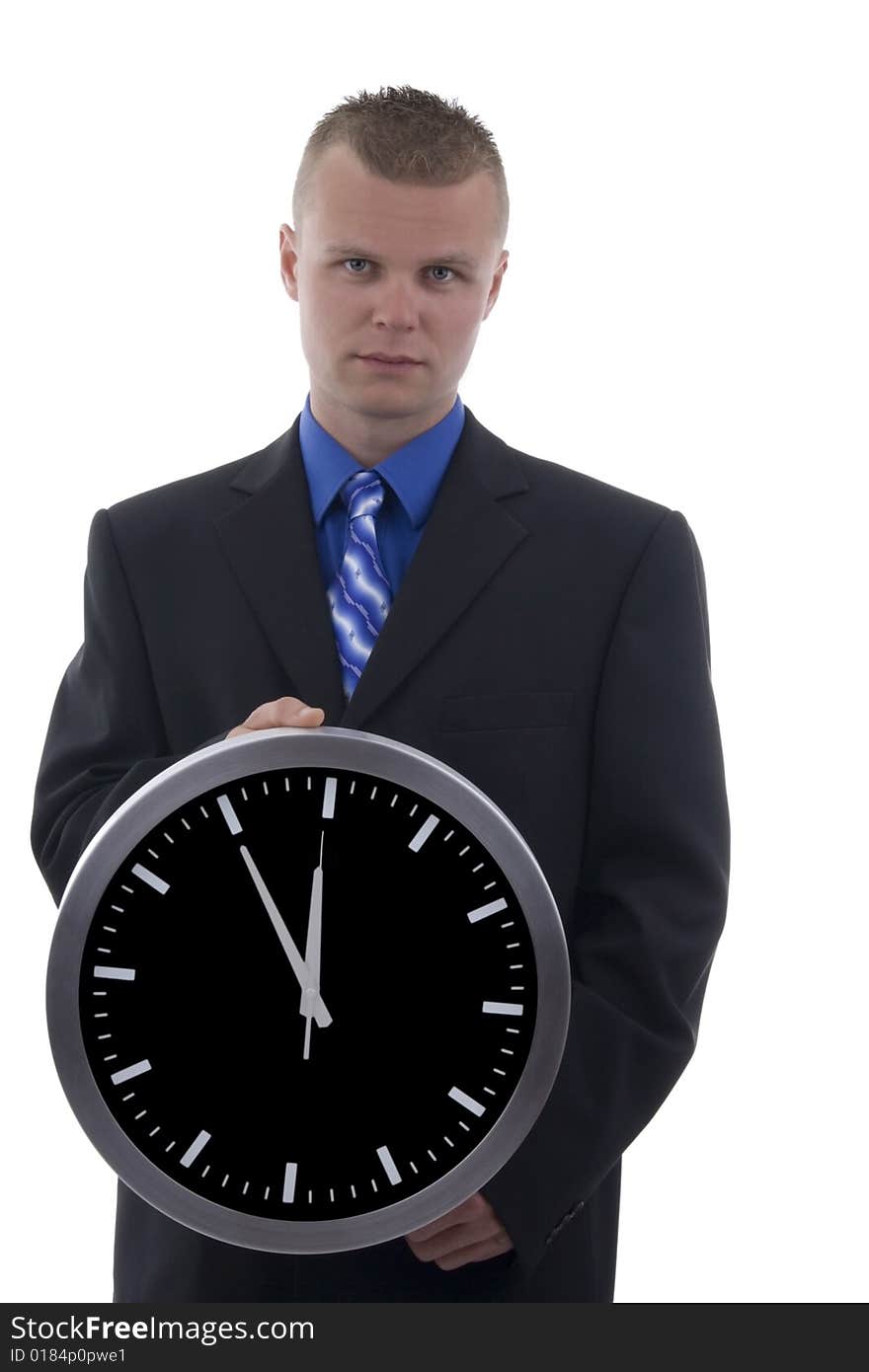 Businessman holding the clock. Over white. Businessman holding the clock. Over white