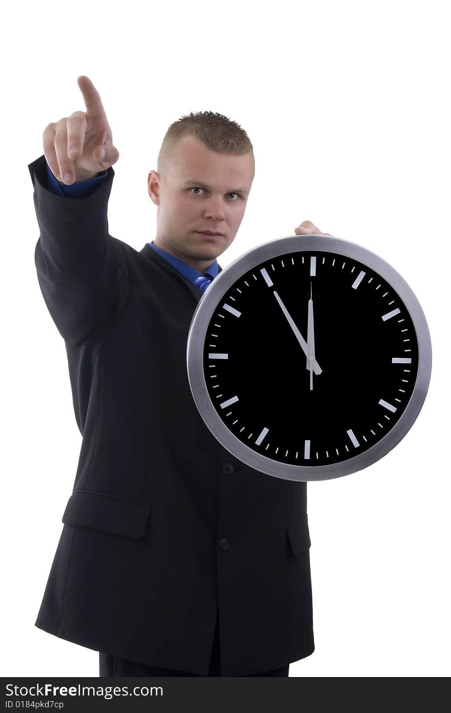 Young dealer in o'clock indicant finger against a white background