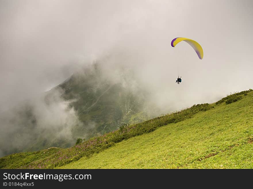 Skydivers in Krasnaya Polyana. Krasnodar region. Russia