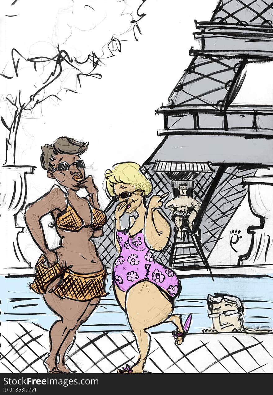 Two a bit fat girls, wearing bikini are laughing  behind the mustache about the swimming-pool guard seating on his sit under the eiffel tower copy, when a boy is looking at them in amazed expression. Two a bit fat girls, wearing bikini are laughing  behind the mustache about the swimming-pool guard seating on his sit under the eiffel tower copy, when a boy is looking at them in amazed expression