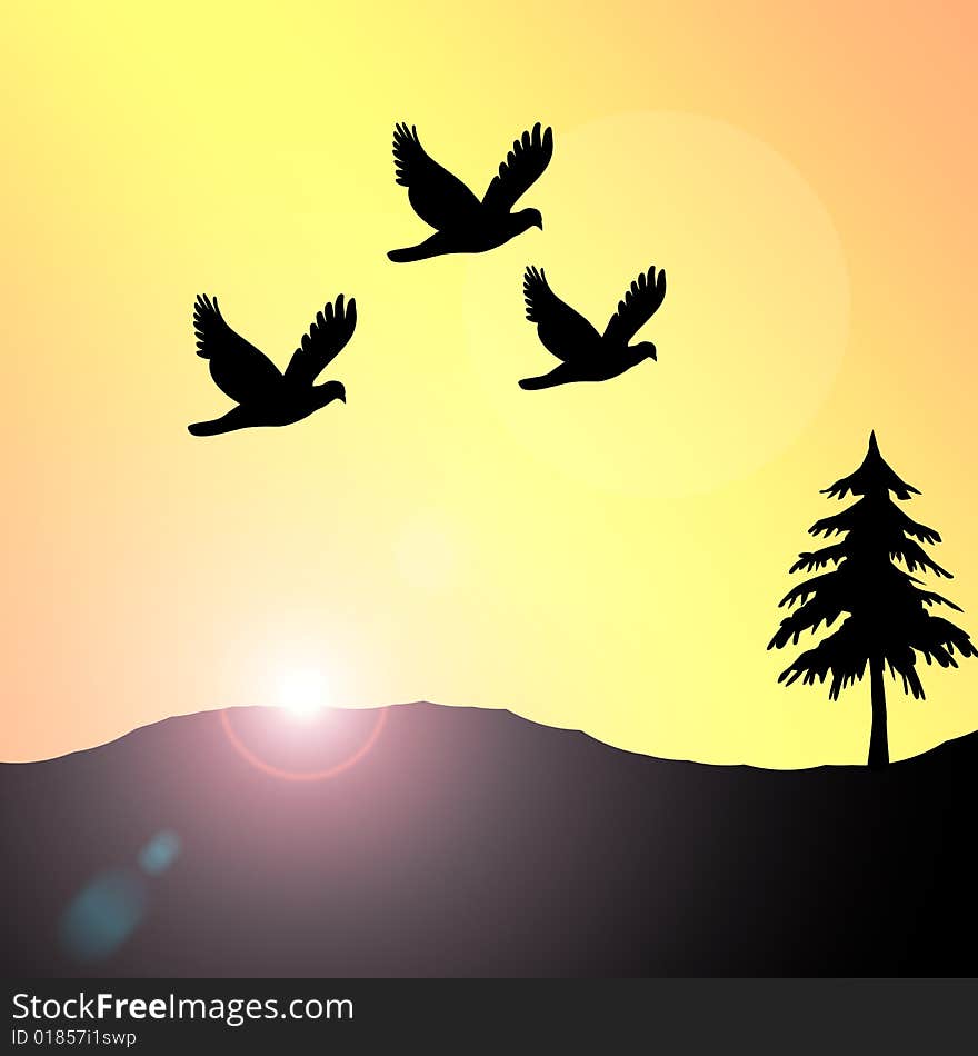 Illustration of sunset and birds. Illustration of sunset and birds