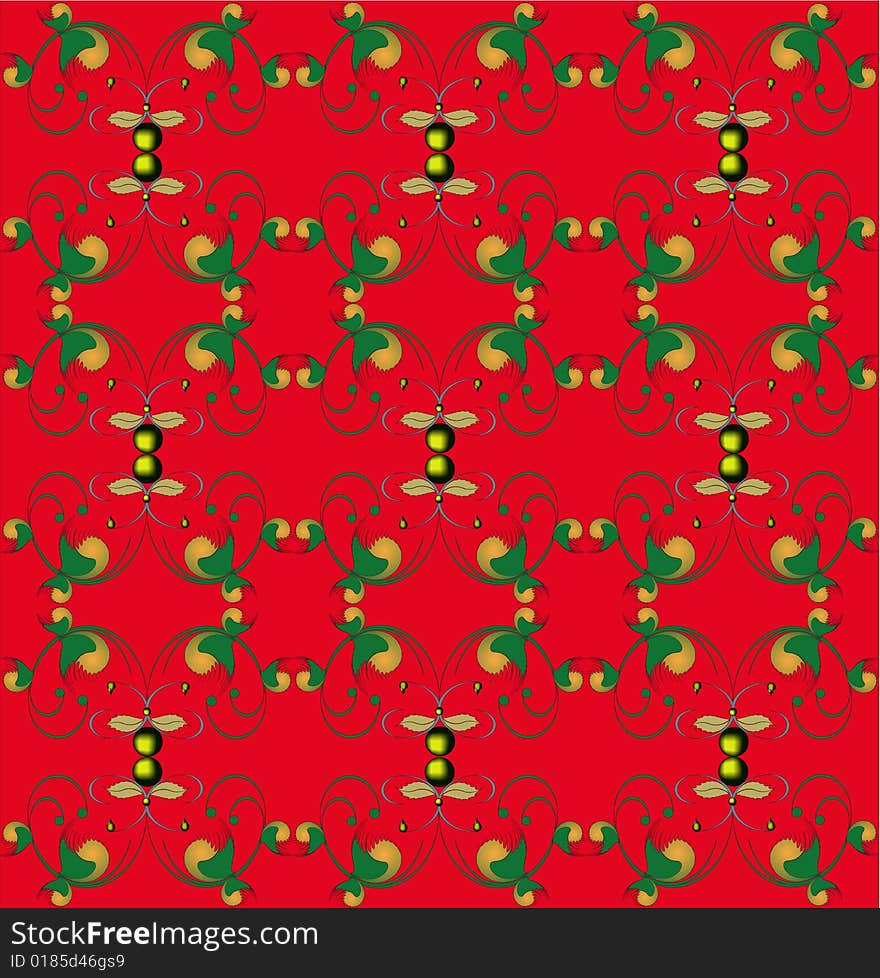 Abstract gold and green figures on a red background. Decorative pattern for wallpapers or fabric. Abstract gold and green figures on a red background. Decorative pattern for wallpapers or fabric.