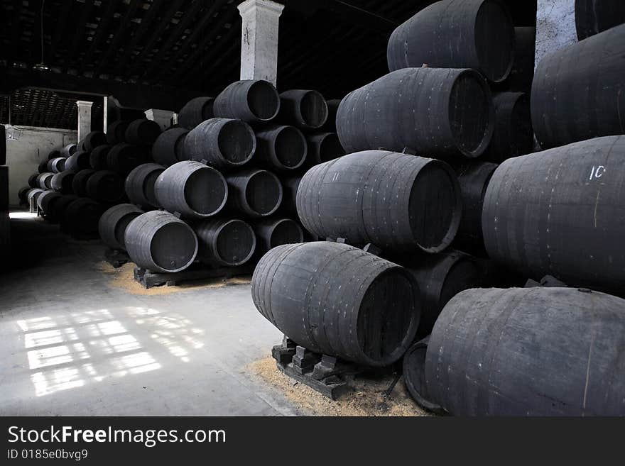 Old wooden barrels of sherry in bodega