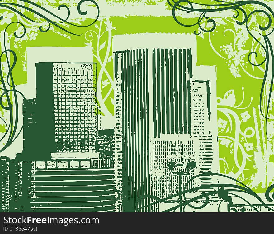 Grunge urban design with ornamental details. Vector illustration in green colors. Grunge urban design with ornamental details. Vector illustration in green colors.