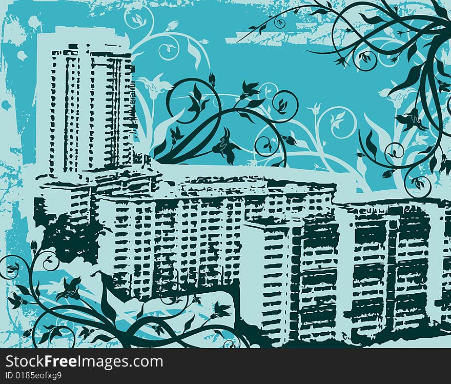 Grunge urban design with ornamental details. Vector illustration in blue colors. Grunge urban design with ornamental details. Vector illustration in blue colors.