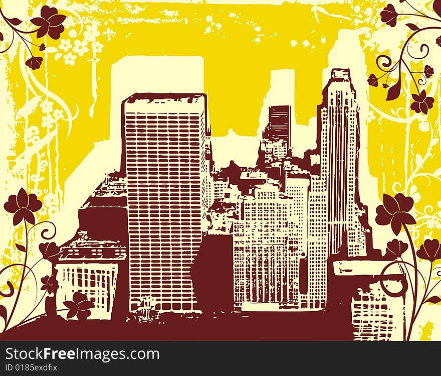 Grunge urban design with ornamental details. Vector illustration in yellow and brown colors. Grunge urban design with ornamental details. Vector illustration in yellow and brown colors.