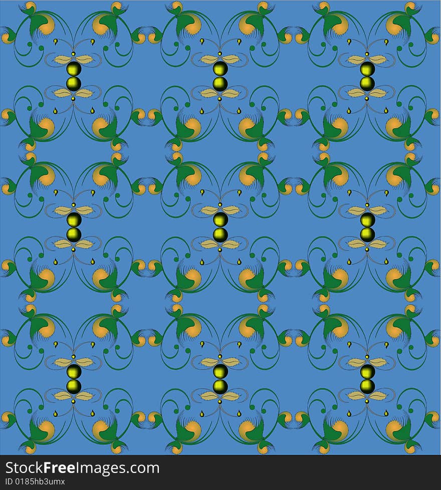 Abstract gold and green figures on a blue background. Decorative pattern for wallpapers or fabric. Abstract gold and green figures on a blue background. Decorative pattern for wallpapers or fabric.