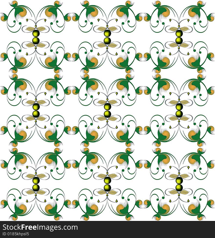 Abstract gold and green figures on a white background. Decorative pattern for wallpapers or fabric. Abstract gold and green figures on a white background. Decorative pattern for wallpapers or fabric.