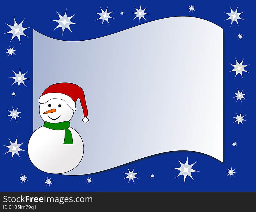 Christmas card with snowman, sparkles and space for your text. Vector illustration