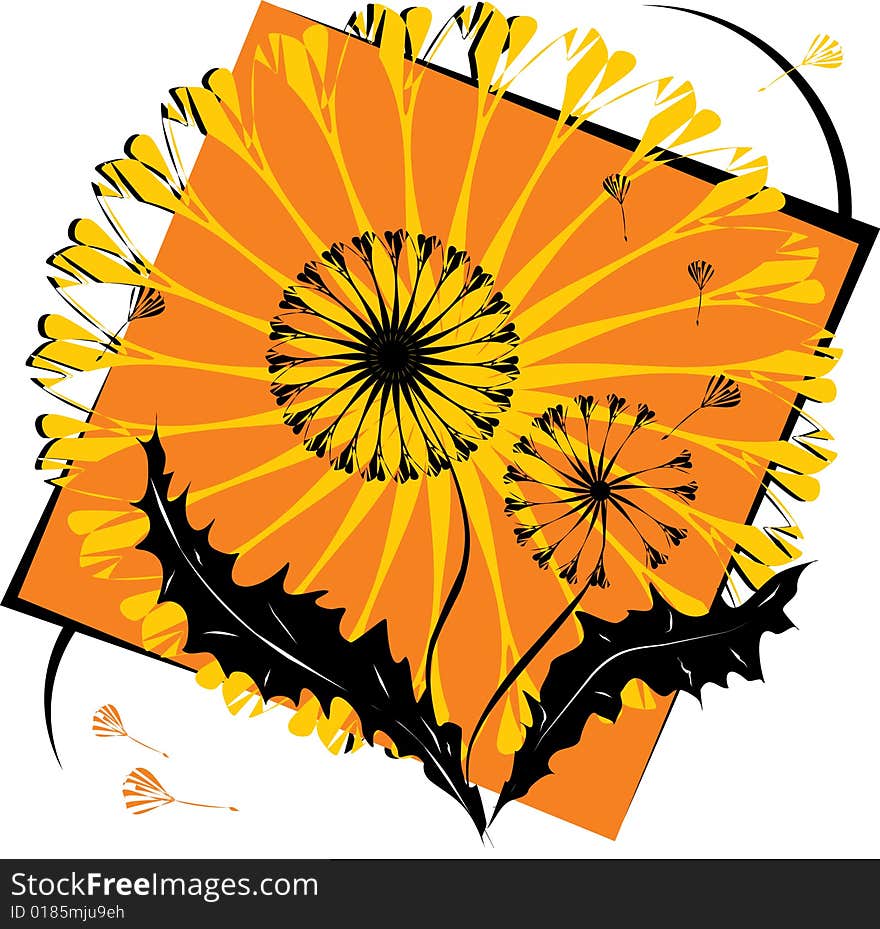 Two silhouette of dandellion on orange background. Two silhouette of dandellion on orange background