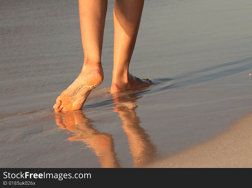 Female feet, walking on the caribbean beach. Female feet, walking on the caribbean beach