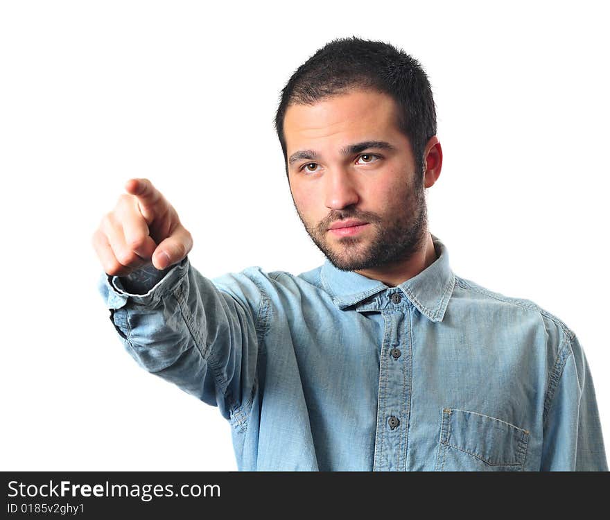 Young man pointing at