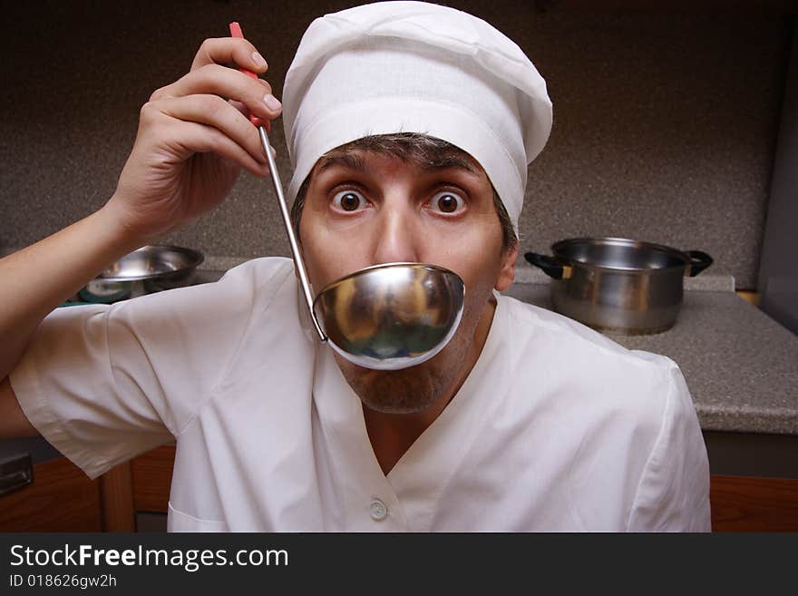 Mad scary cook on kitchen