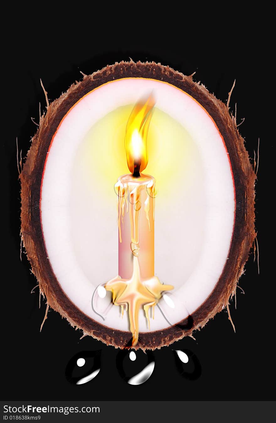 A brightness candle around the inside of coconut in black colour background