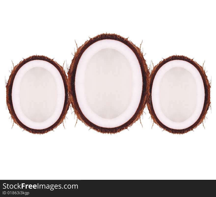 Three pieces of broken the coconut on white background