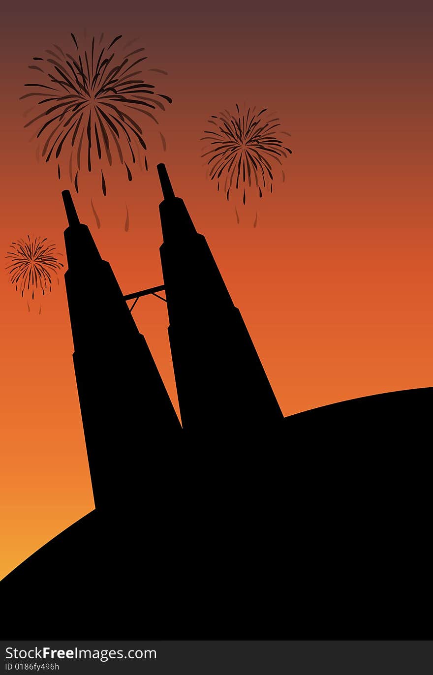 Illustration of malaysia national day with firework in sunset