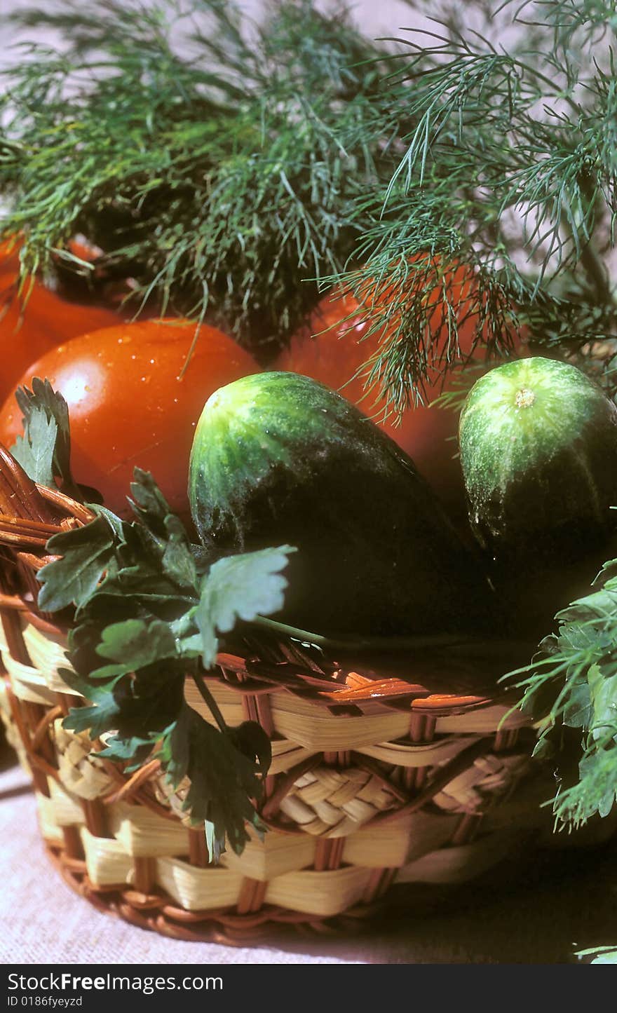 Basket With Cucumbers And Tomatoes