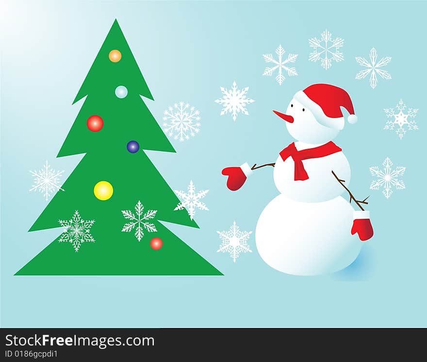 Snowman near a Christmas tree. Vector illustration