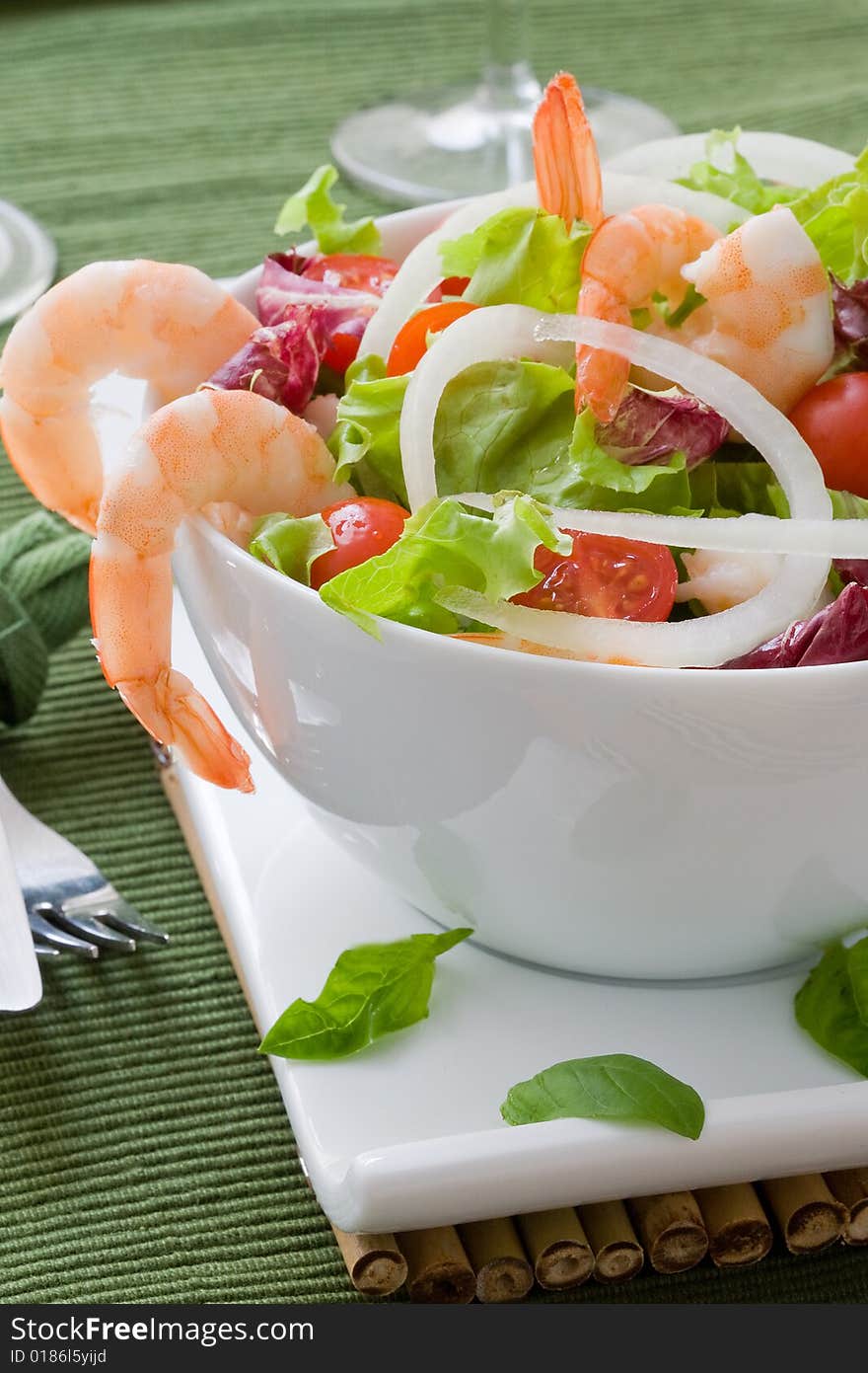 Lettuce salad with prawns and cherry tomato. Lettuce salad with prawns and cherry tomato