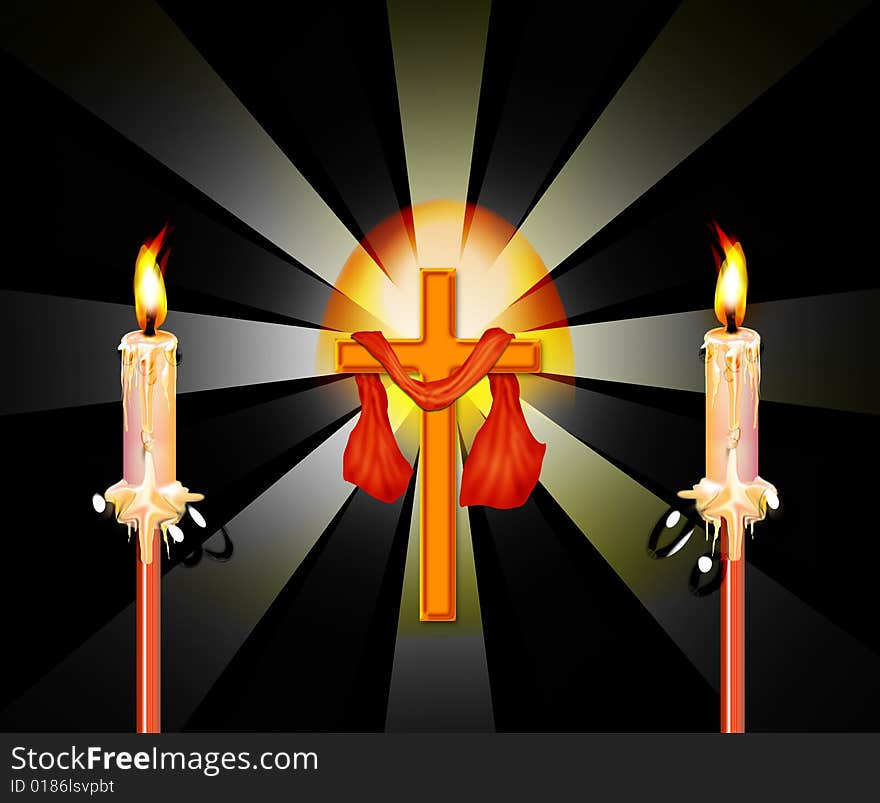 Cross and two candle lights on the black background and rays. Cross and two candle lights on the black background and rays