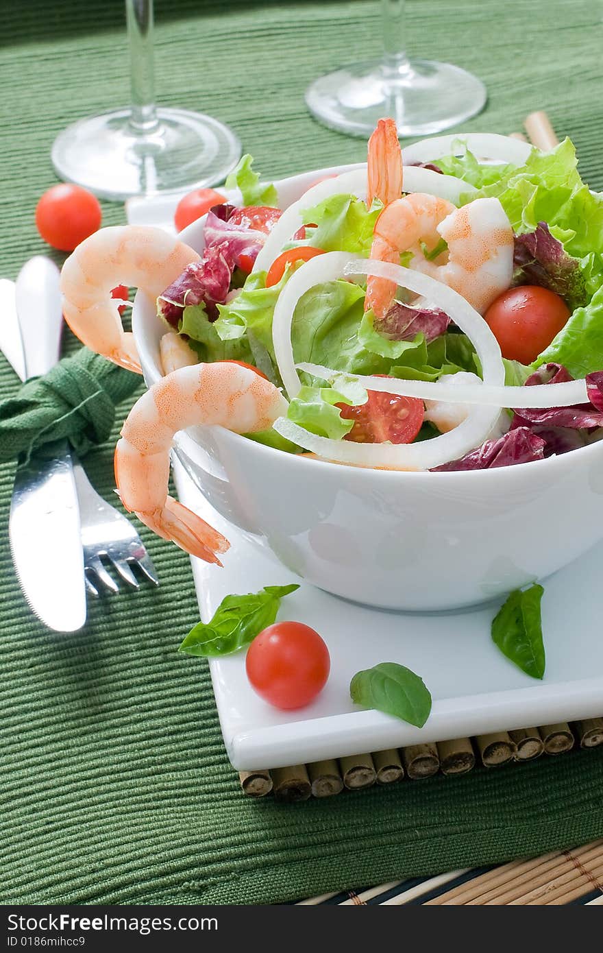 Lettuce salad with prawns and cherry tomato. Lettuce salad with prawns and cherry tomato