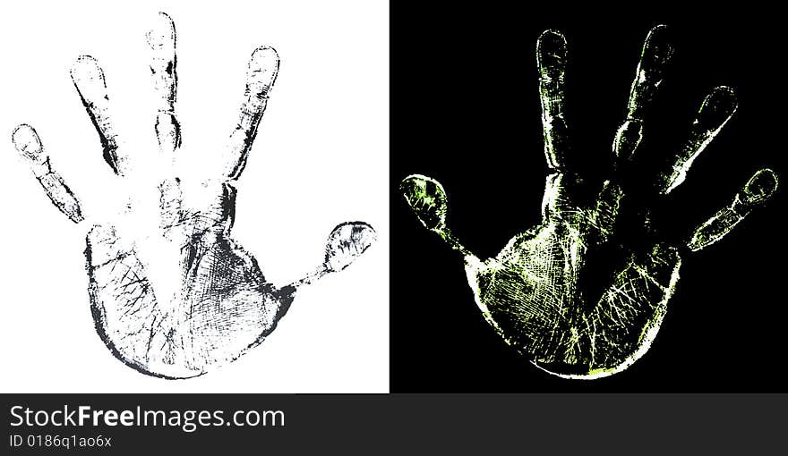 Vector illustration of a highly detailed hand print trace in two color variations. Aged skin look. Vector illustration of a highly detailed hand print trace in two color variations. Aged skin look.