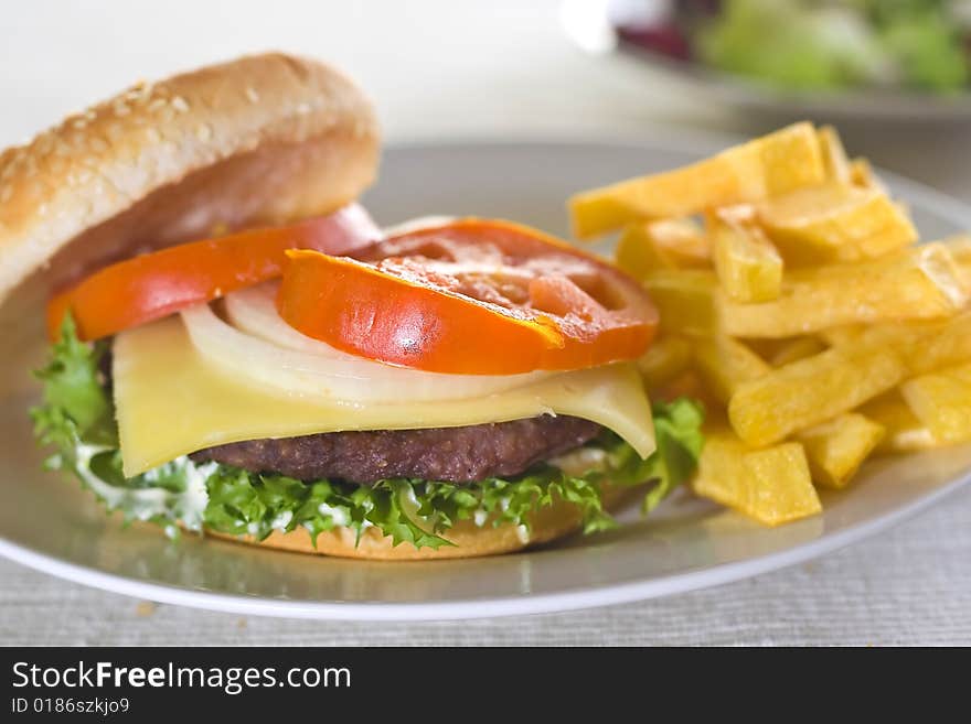 Juicy hamburger meat lettuce tomato and onion mayonnaise