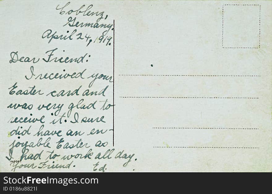 Antique post card with handwritten message from Coblenz, Germany, dated 1919. Antique post card with handwritten message from Coblenz, Germany, dated 1919.