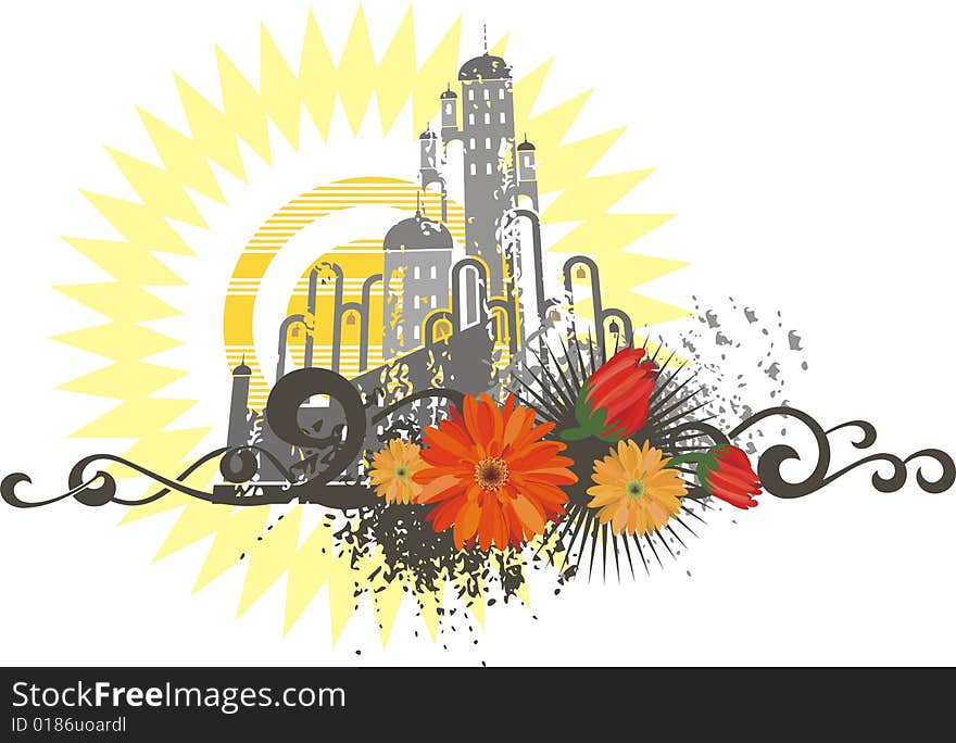 Urban background with daisies, vector illustration series. Urban background with daisies, vector illustration series.