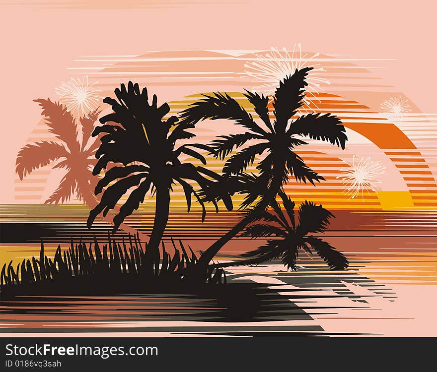 Tropical beach at sunset, vector illustration series. Tropical beach at sunset, vector illustration series.