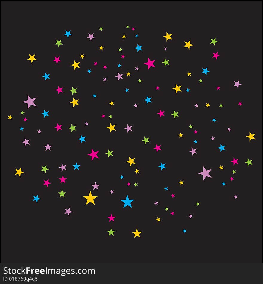 An illustration of colourful star rain on black isolated background. An illustration of colourful star rain on black isolated background