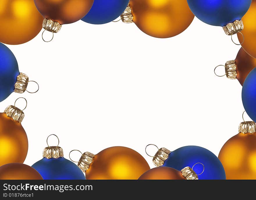 Xmas golden and blue balls as a frame;  isolated on white. Xmas golden and blue balls as a frame;  isolated on white