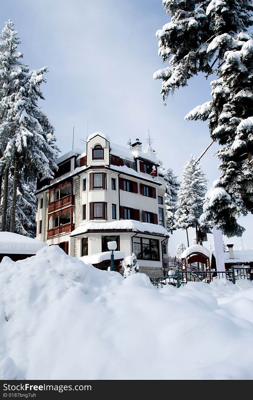 Small hotel isolated by snow in winter. Small hotel isolated by snow in winter