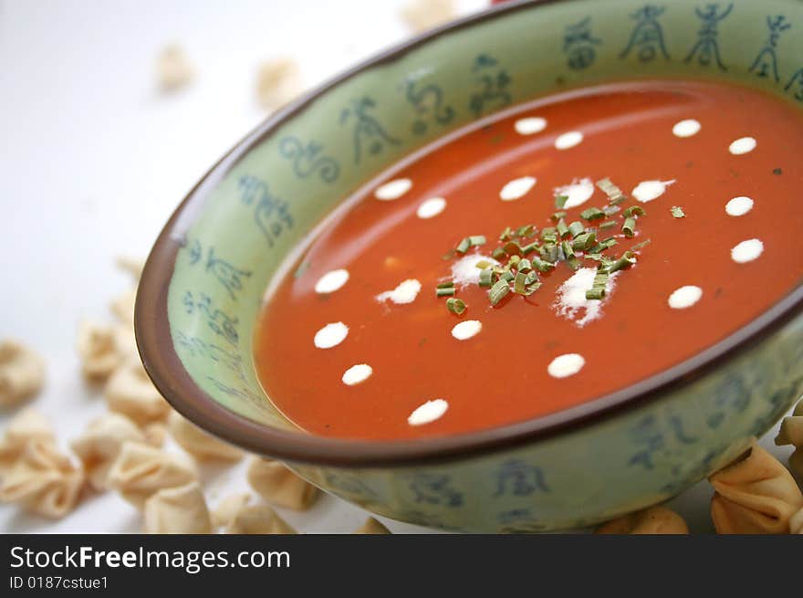 A fresh soup of tomatoes with cream and spices