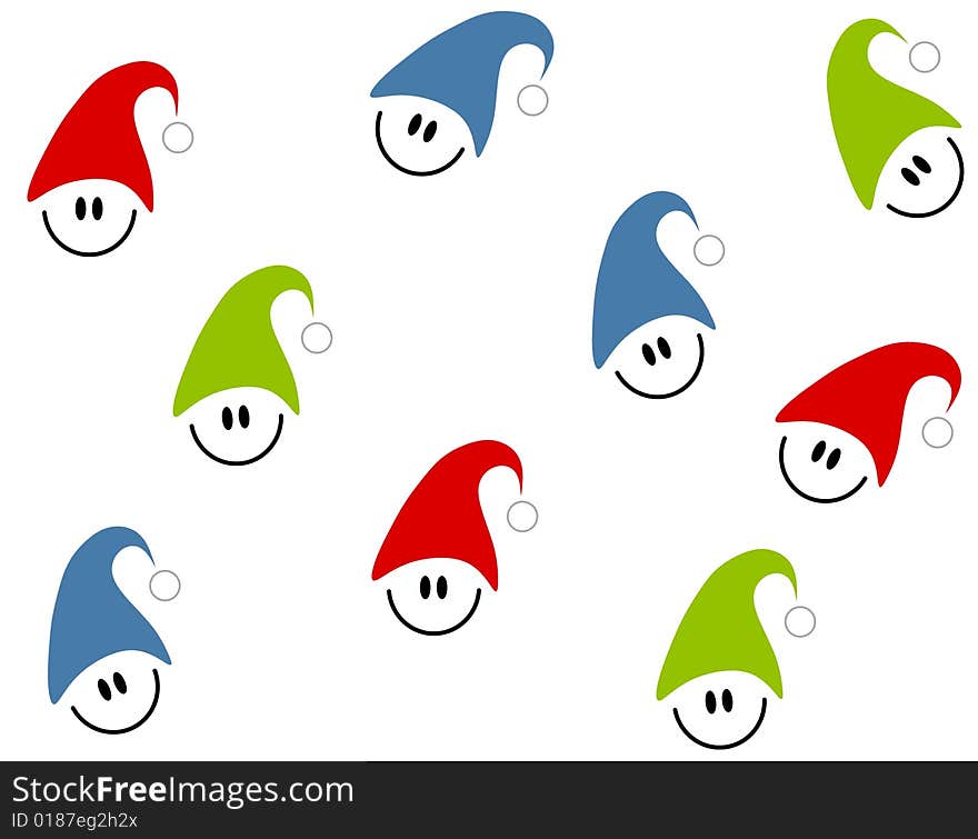 A tileable background pattern featuring smilies wearing colourful hats. A tileable background pattern featuring smilies wearing colourful hats