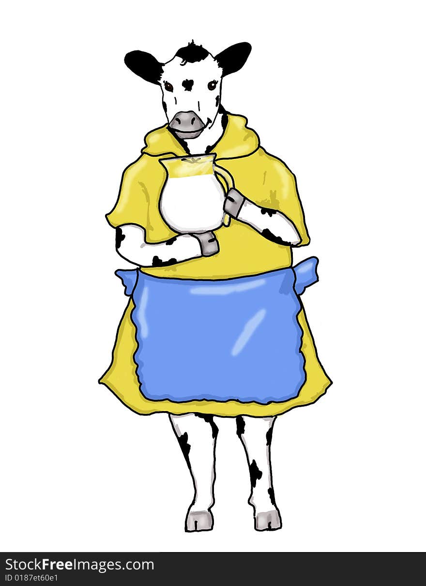 Illustration of mama cow holding a milk jug. Illustration of mama cow holding a milk jug