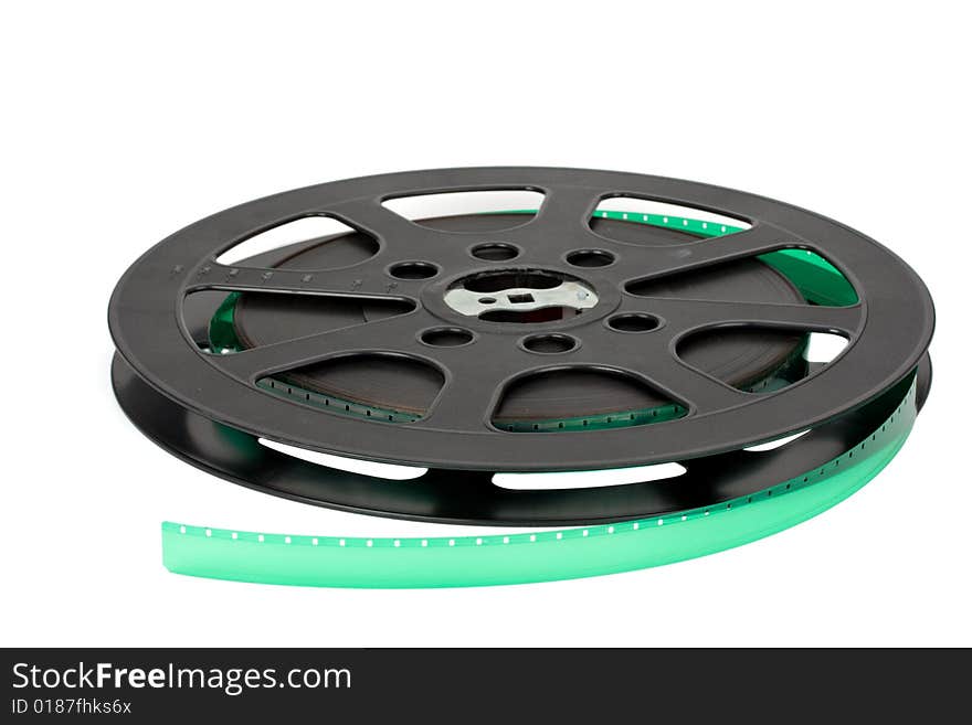 Black 16 mm film reel isolated on white