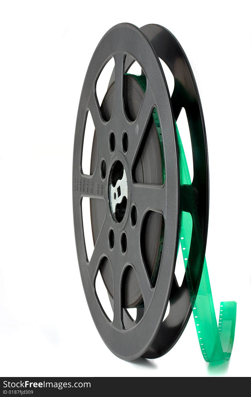 Black 16 mm film reel isolated on white