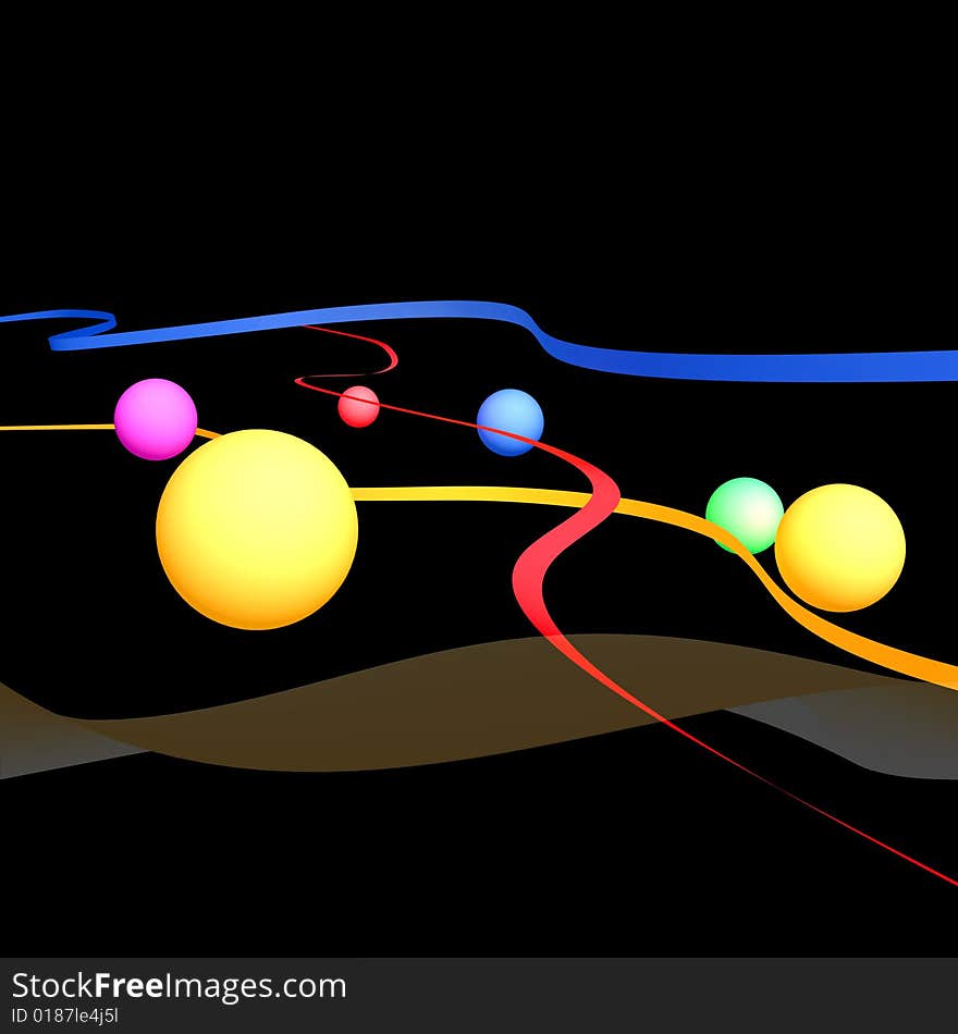 Abstract figure on a black background with curves and spheres