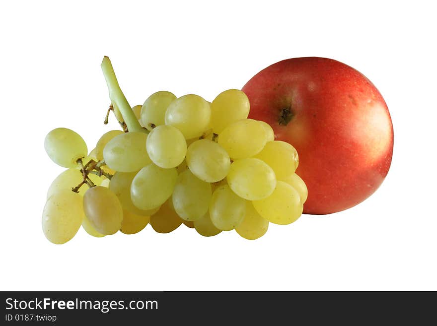 Bunch of grapes and read apple on the white background