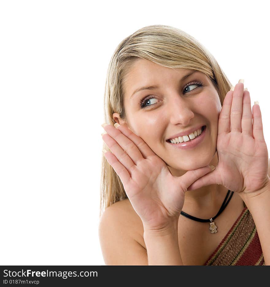 Beautiful young woman framing face with hands. Isolated over white.