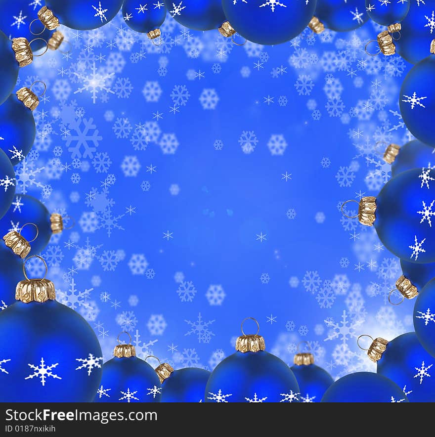 Christmas background with blue balls and snowflakes