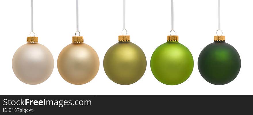 Five hanging Christmas ornaments on white background