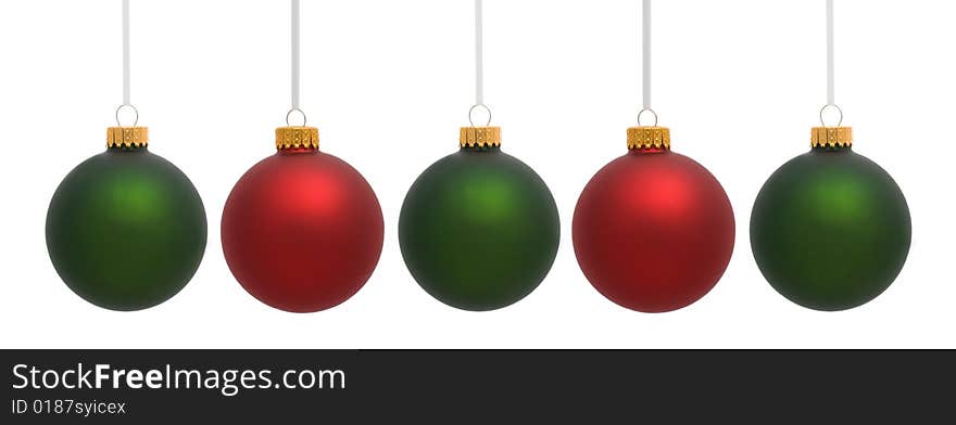 Red and green hanging Christmas ornaments on white background