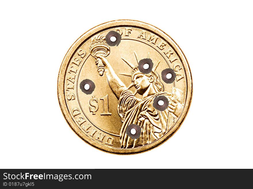 Bullet holes in US dollar coin isolated on white. Bullet holes in US dollar coin isolated on white