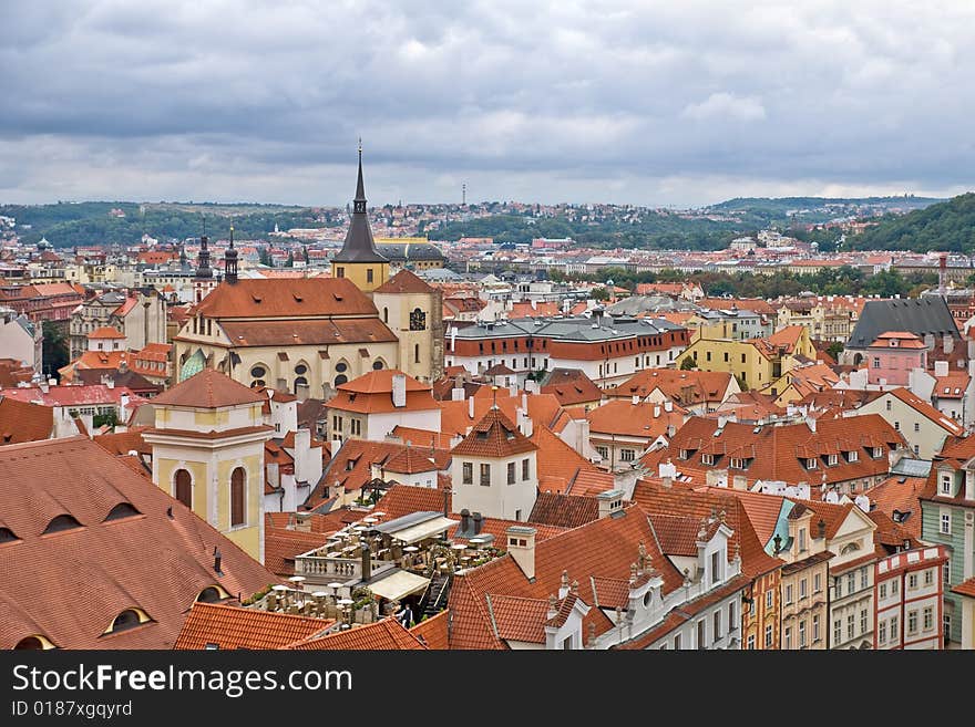 Overcast sky above the roofs of old Prague